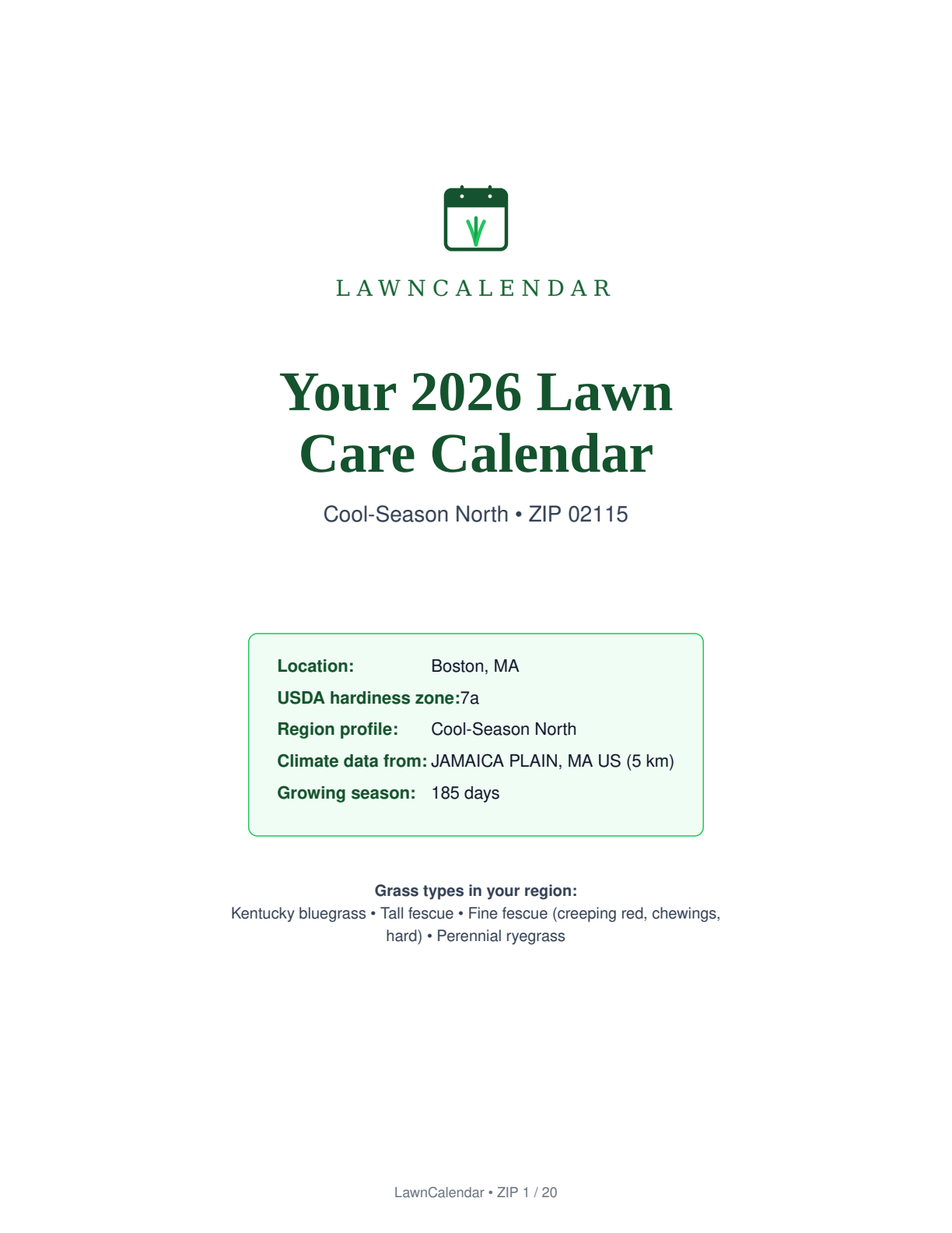 Sample cover page of the LawnCalendar PDF — Cool-Season North, ZIP 02115, USDA zone 7a, Boston MA, 185-day growing season, four recommended grass types.